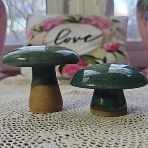 Pottery Mushrooms Set Of Two With Green Glaze